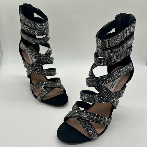 Steve Madded Heels Women 9 Black Malika Open Toe Strap Sandals Wedding Party NEW - Picture 1 of 13
